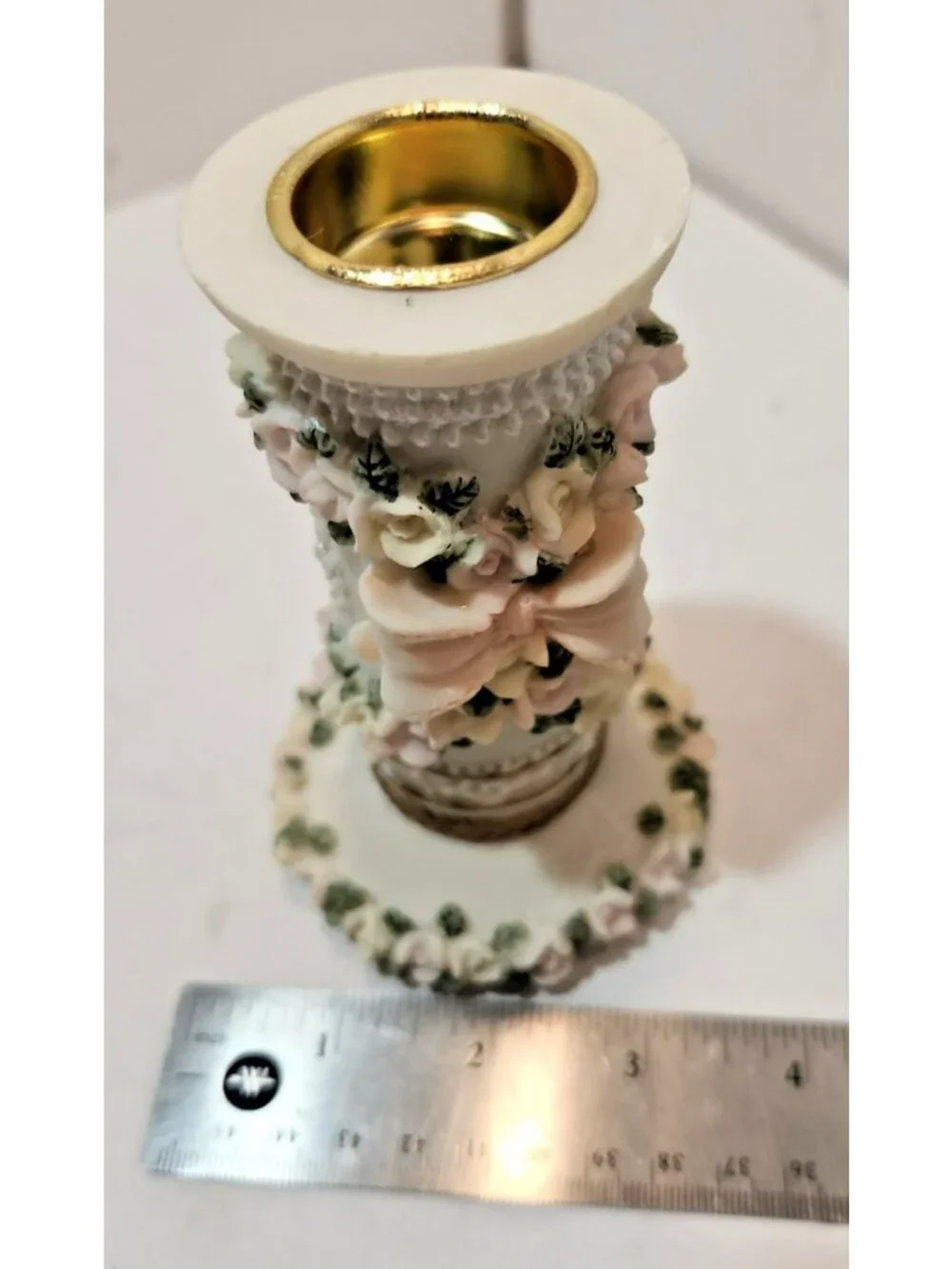 Pair of Sculpted Flower and Bows Ceramic Candlestick Holders Pastels Weddings